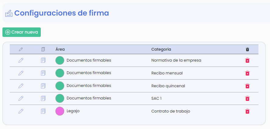Pantalla de configuraciones de firma