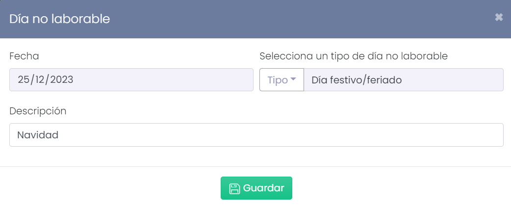 Configuración de un día no laborable