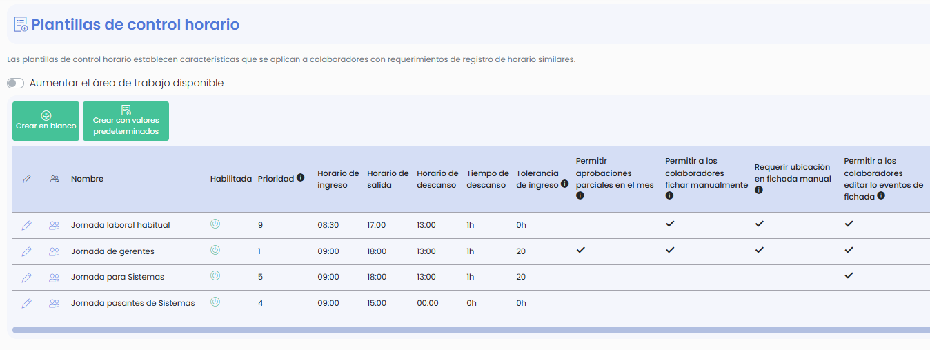 Pantalla de plantillas de control horario