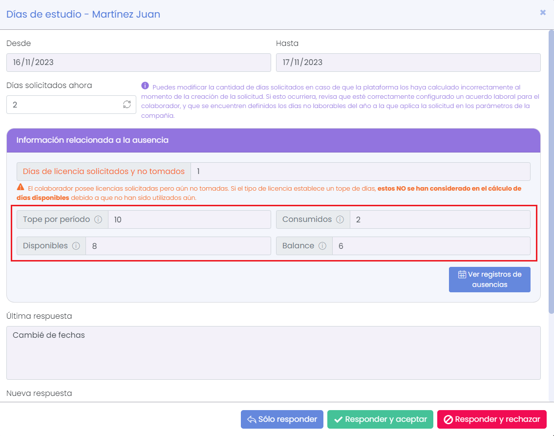 Topes de licencia - Vista del asistente de Recursos Humanos