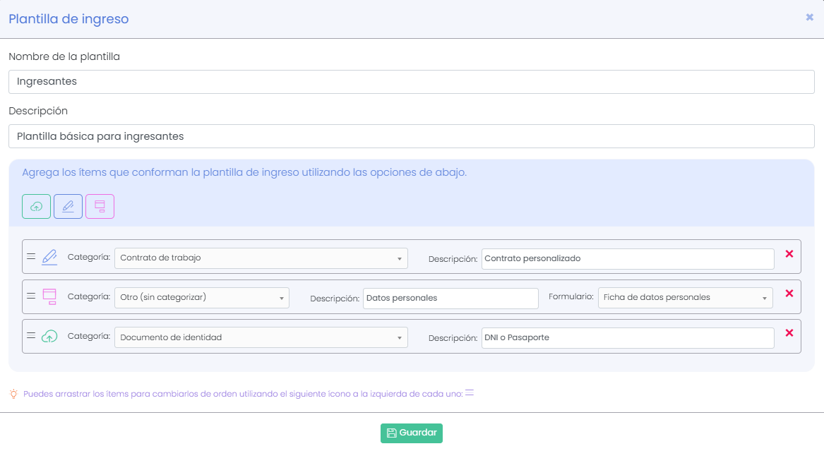 Carga de ítems de onboarding