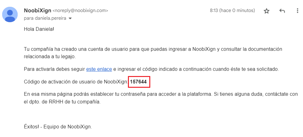 Mensaje de activación de cuenta