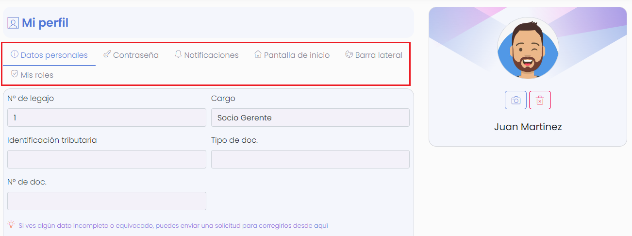 Pantalla de perfil del usuario