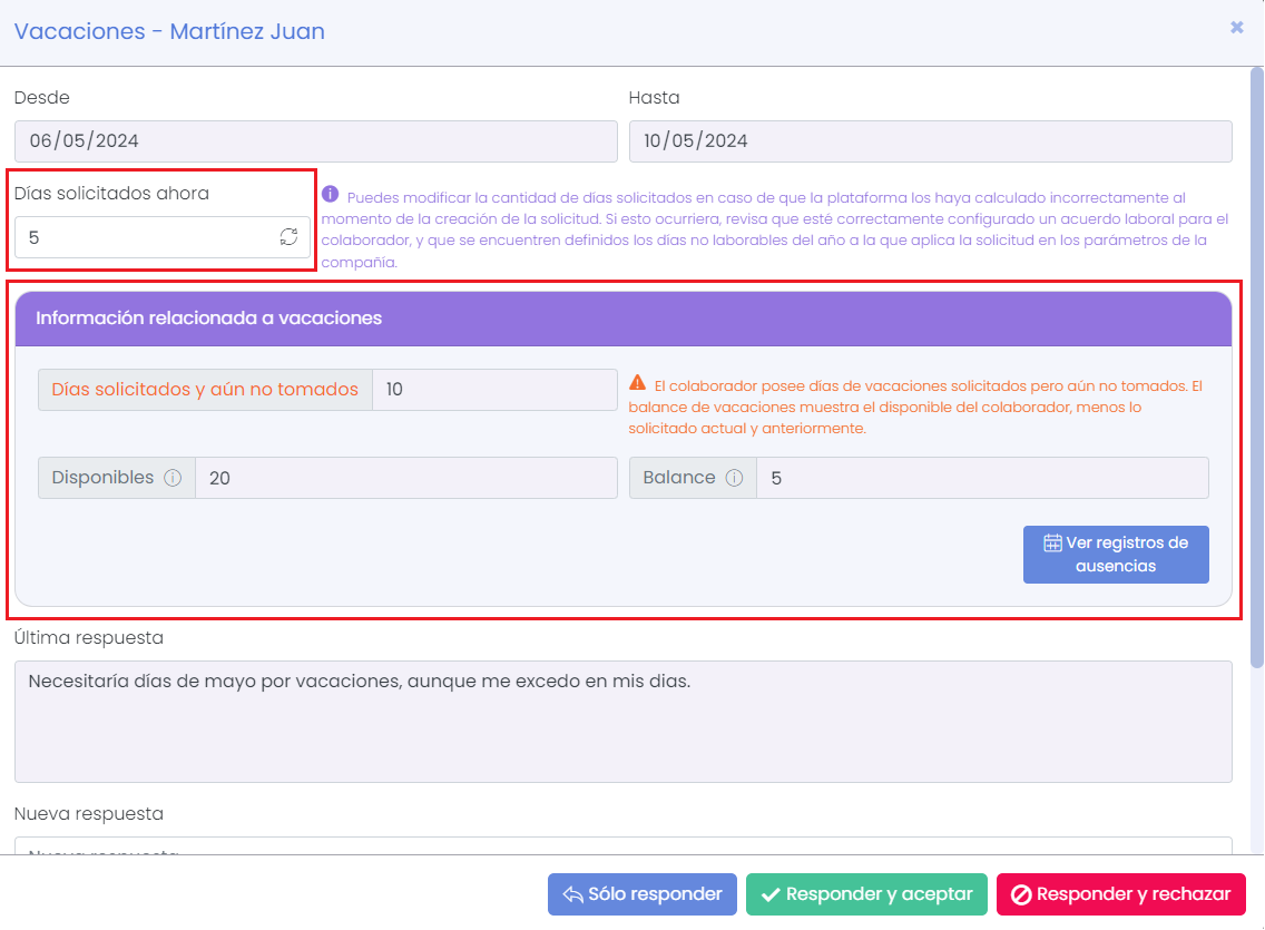 Respuesta a la solicitud de ausencias