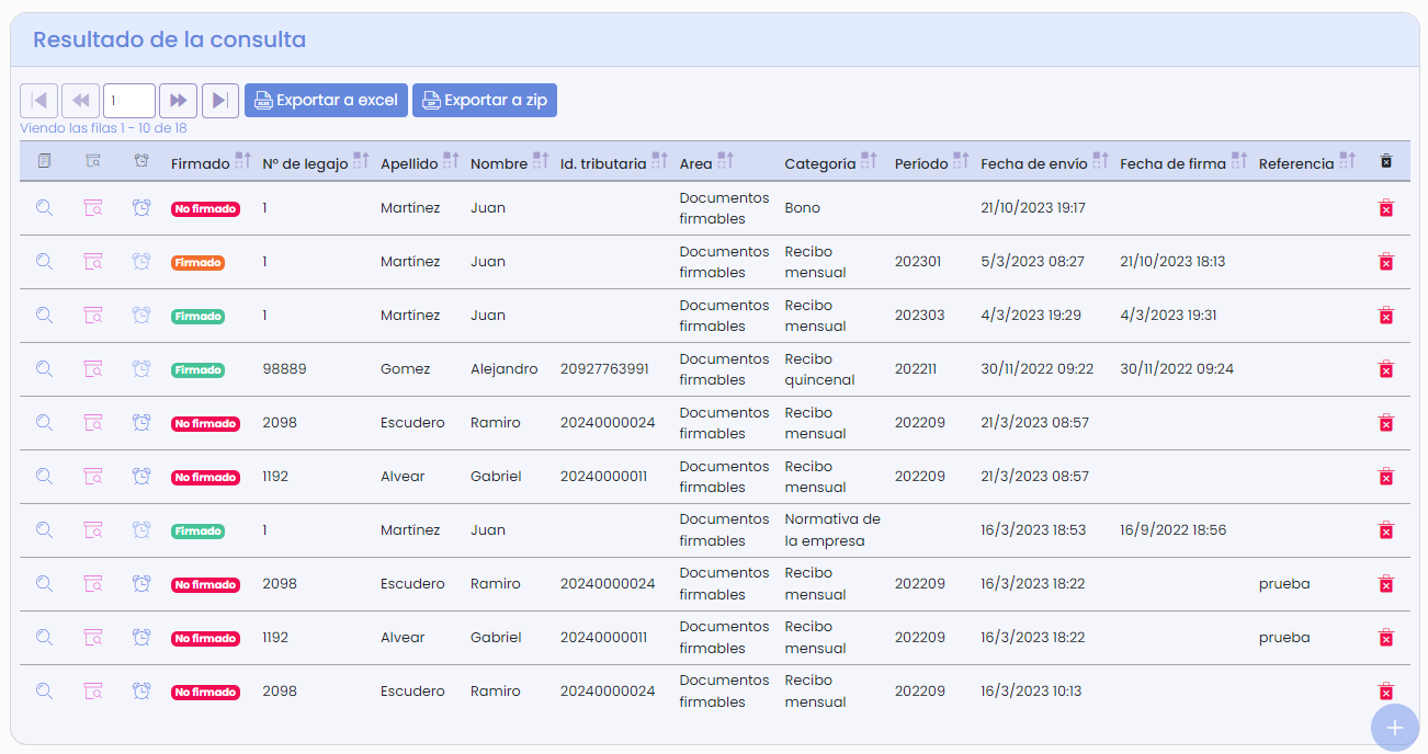 Resultados de la consulta de documentos